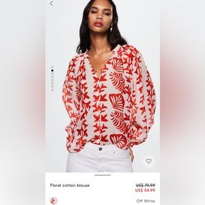 MANGO coral and white long sleeve blouse with buttons